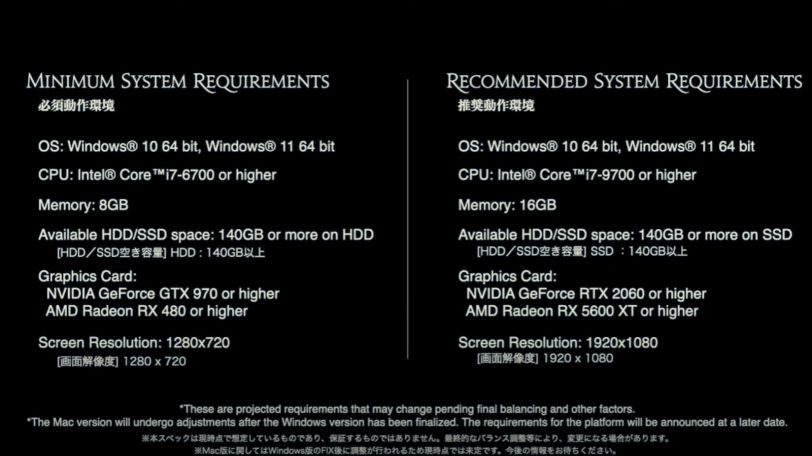 Final Fantasy XIV 7-0 System Specs