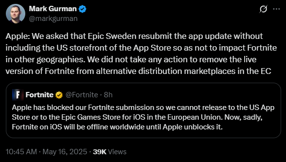 Fortnite Apple Drama Tweet